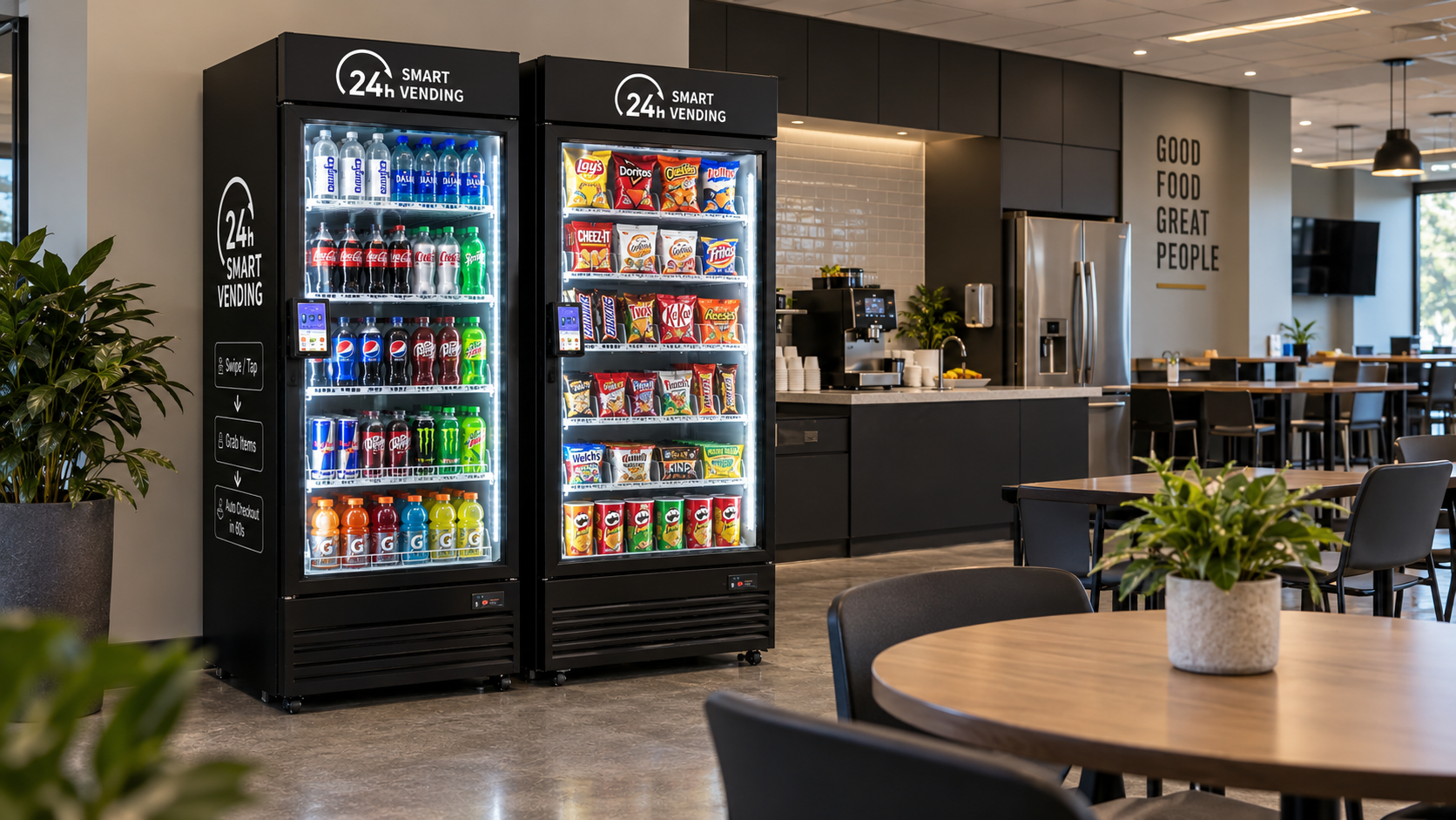 Smart vending coolers in a modern employee breakroom
